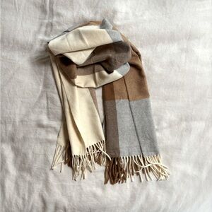 Elegant Plaid Scarf in Cream, Gray, and Brown